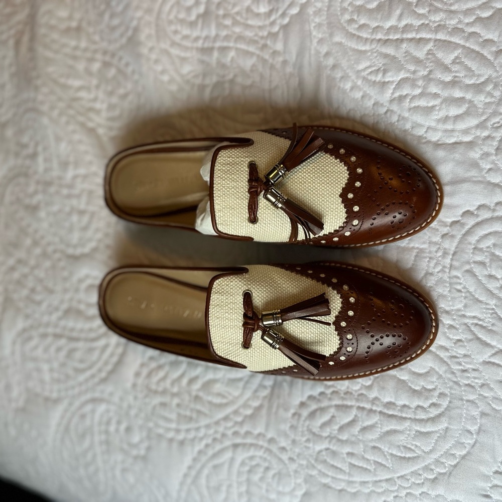 Stuart Weitzman Brown and Cream Leather & Woven Tassel Mules